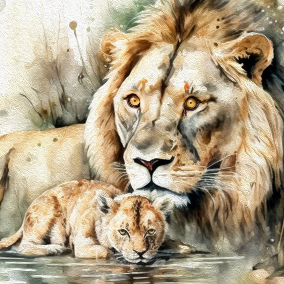 8x10 Lion Watercolor Gorgeous Oil Painting Print Animal Resting - Picture 2 of 5